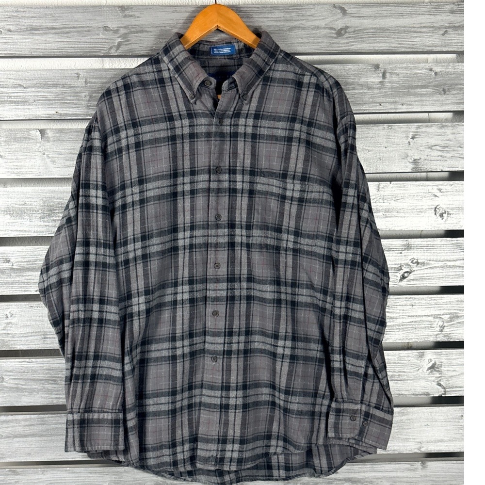 Vtg 90s Towncraft Mens Flannel Shirt L Grey Plaid Long Sleeve Button Down grunge